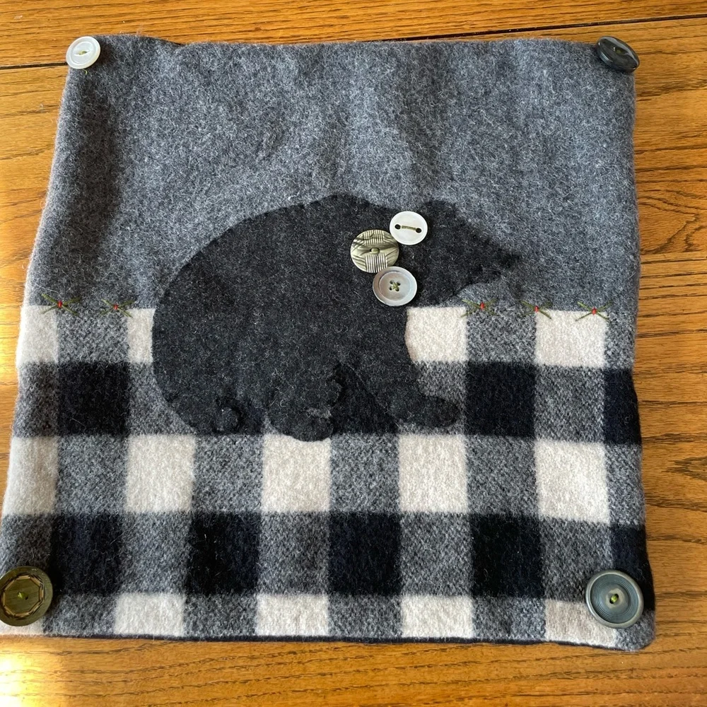 Grey , White and Black Plaid Wool Pillow Cover - antique buttons decorate